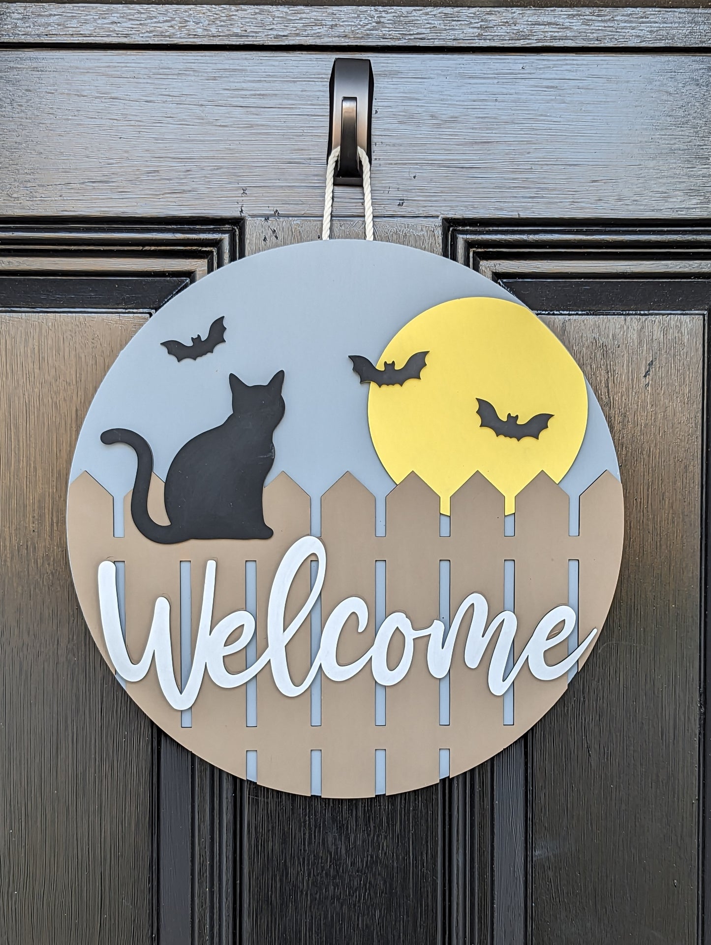 Welcome Cat on a Fence Door Hanger