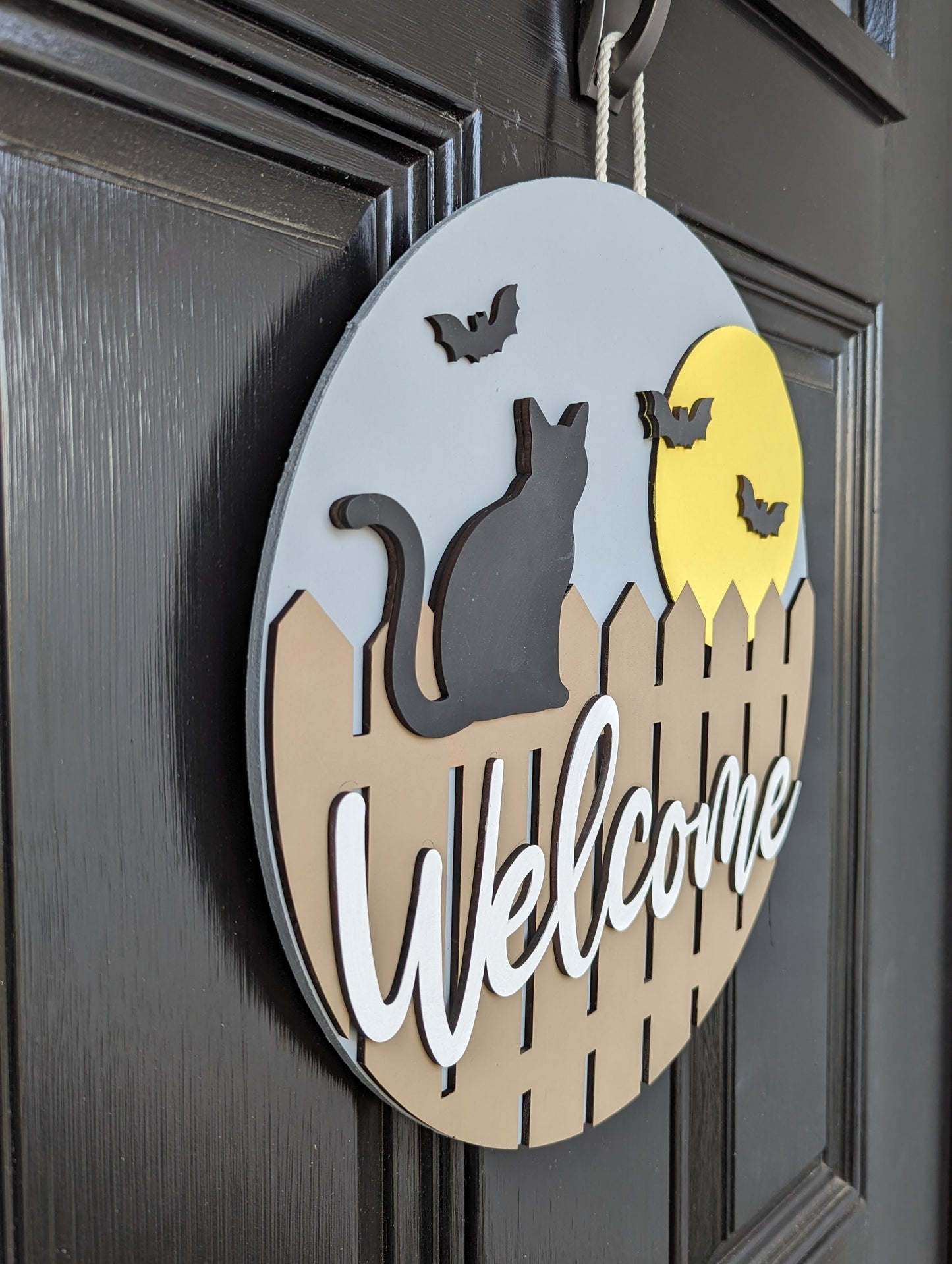 Welcome Cat on a Fence Door Hanger